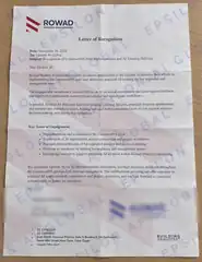 Signed recognition letter from Rowad Modern Engineering