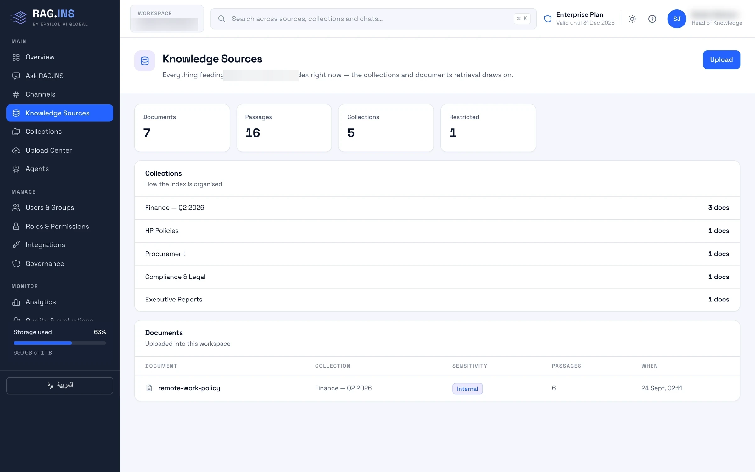 Knowledge sources indexed and organized into governed collections