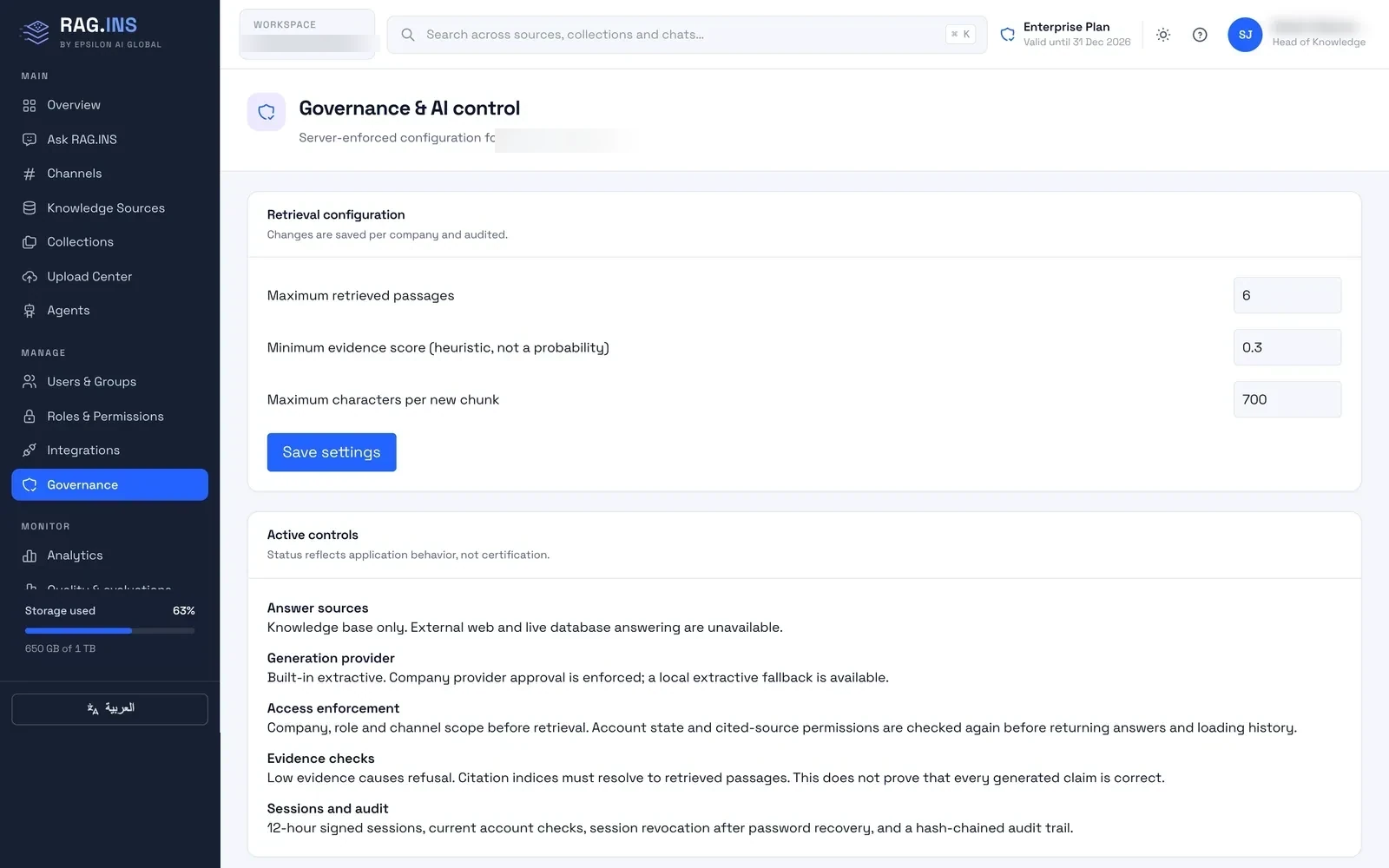 Governance and AI control settings